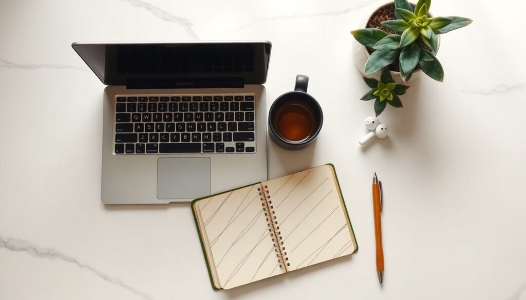블로그 글쓰기 - flat lay of open notebook, pen, and laptop on white desk, blog writing strategy concept