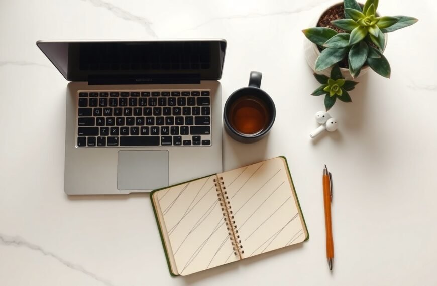 블로그 글쓰기 - flat lay of open notebook, pen, and laptop on white desk, blog writing strategy concept