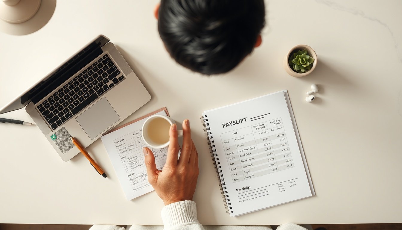 퇴직금 계산 - Korean male office worker upper body shot with face visible, reviewing payslip documents at desk, retirement pay calculation concept, natural hands