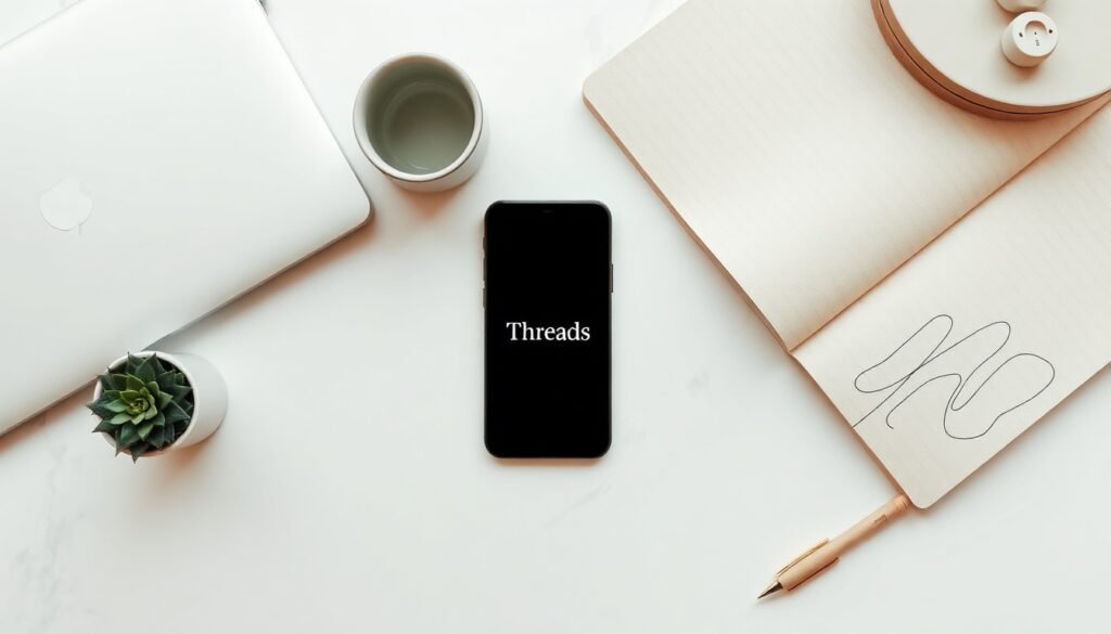 쓰레드 마케팅 - flat lay of smartphone showing Threads app interface on white desk, threads marketing concept