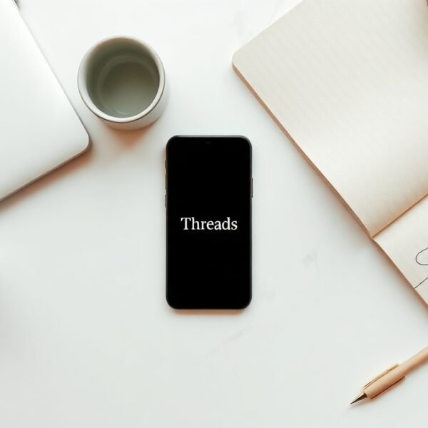 쓰레드 마케팅 - flat lay of smartphone showing Threads app interface on white desk, threads marketing concept