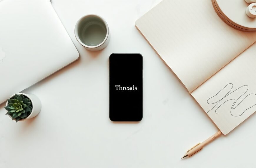 쓰레드 마케팅 - flat lay of smartphone showing Threads app interface on white desk, threads marketing concept
