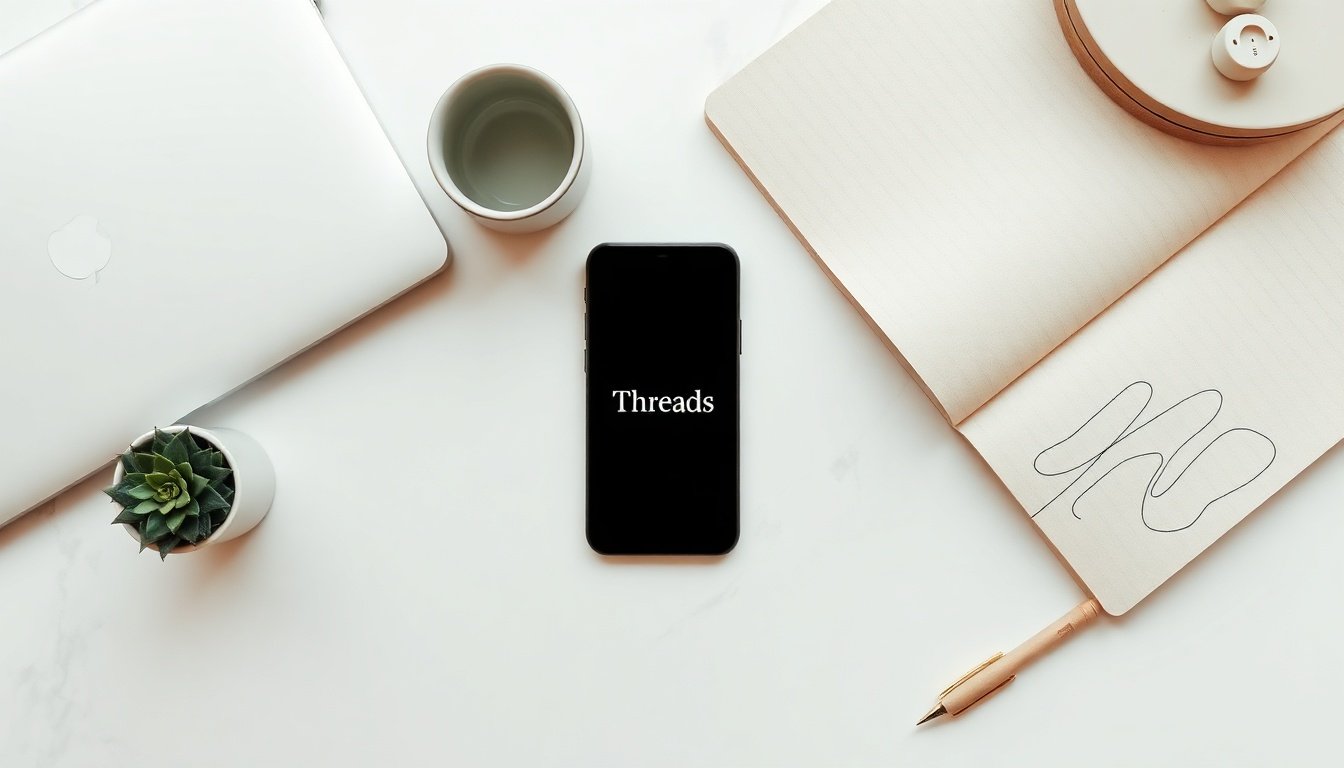 쓰레드 마케팅 - flat lay of smartphone showing Threads app interface on white desk, threads marketing concept