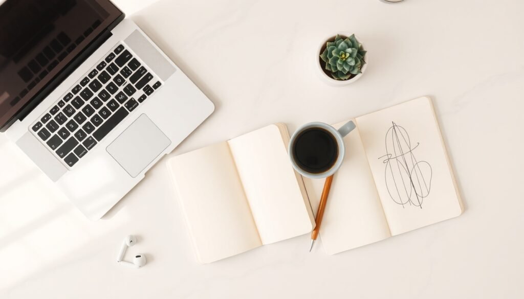 SEO 최적화 방법 - flat lay of laptop, notebook, and coffee cup on white desk, SEO optimization strategy concept 2026