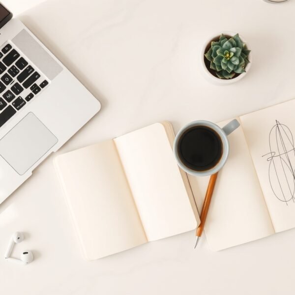 SEO 최적화 방법 - flat lay of laptop, notebook, and coffee cup on white desk, SEO optimization strategy concept 2026