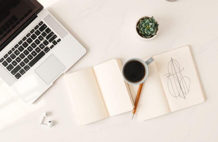 SEO 최적화 방법 - flat lay of laptop, notebook, and coffee cup on white desk, SEO optimization strategy concept 2026