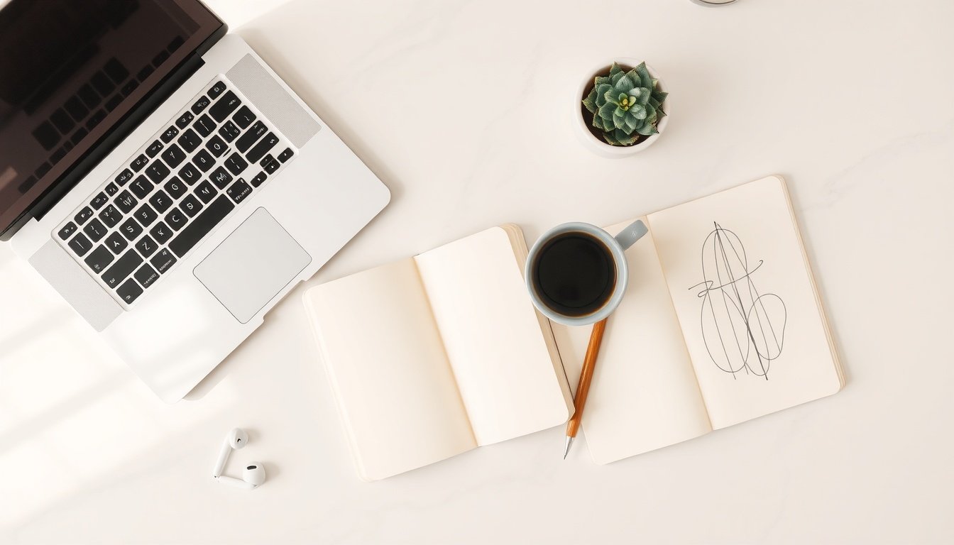SEO 최적화 방법 - flat lay of laptop, notebook, and coffee cup on white desk, SEO optimization strategy concept 2026