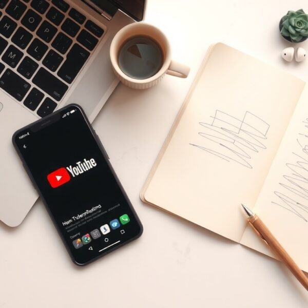 유튜브 알고리즘 - flat lay of smartphone showing YouTube app with notebook and pen on white desk, YouTube algorithm strategy concept