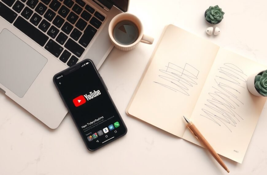 유튜브 알고리즘 - flat lay of smartphone showing YouTube app with notebook and pen on white desk, YouTube algorithm strategy concept