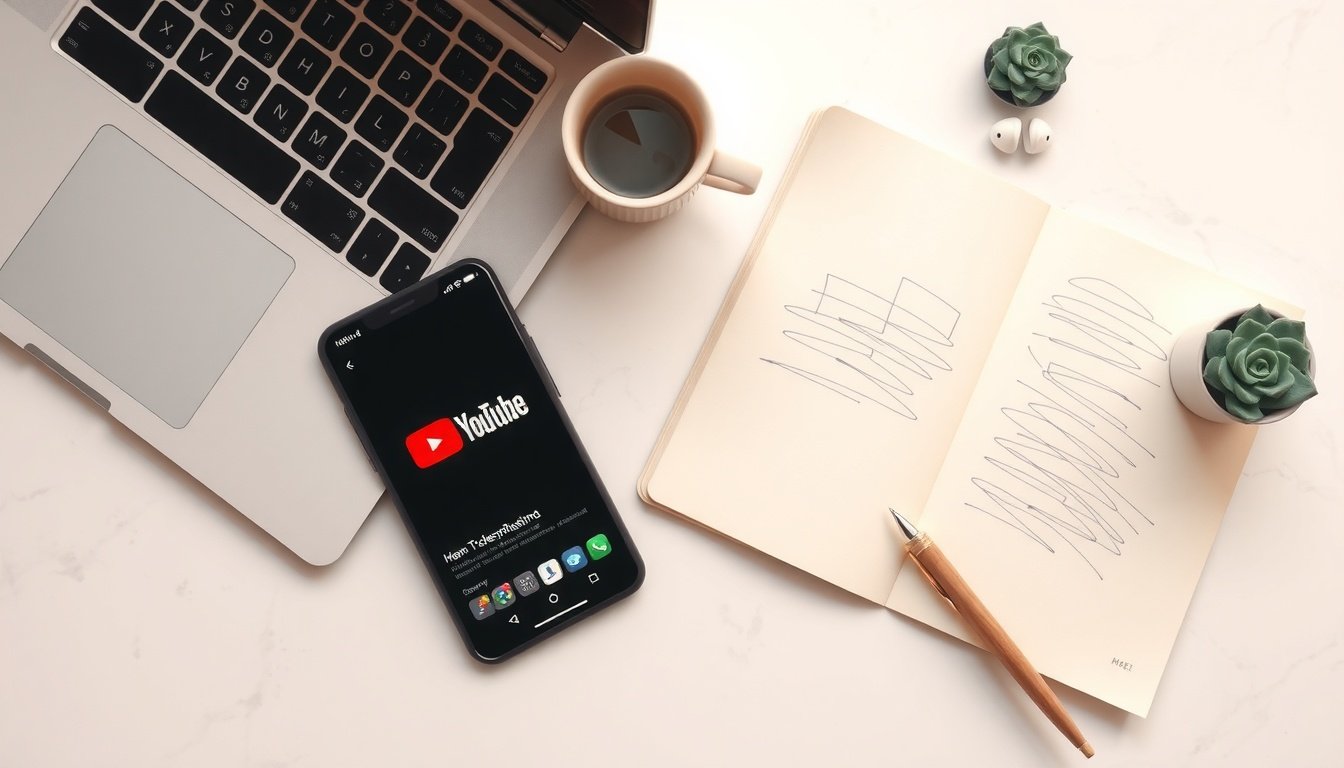 유튜브 알고리즘 - flat lay of smartphone showing YouTube app with notebook and pen on white desk, YouTube algorithm strategy concept