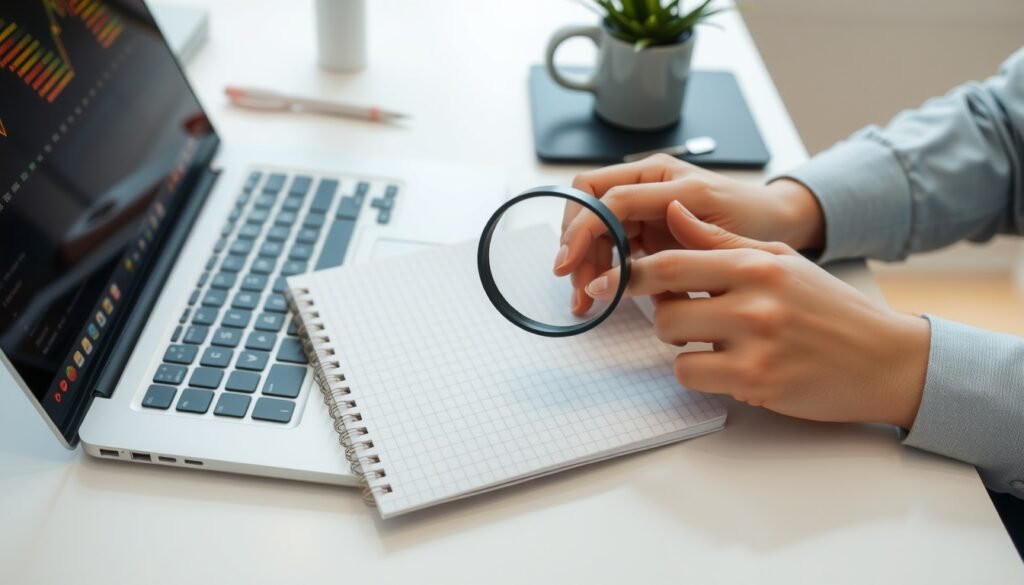 키워드 분석 - flat lay of laptop, notebook, and magnifying glass on white desk, keyword analysis and SEO strategy concept