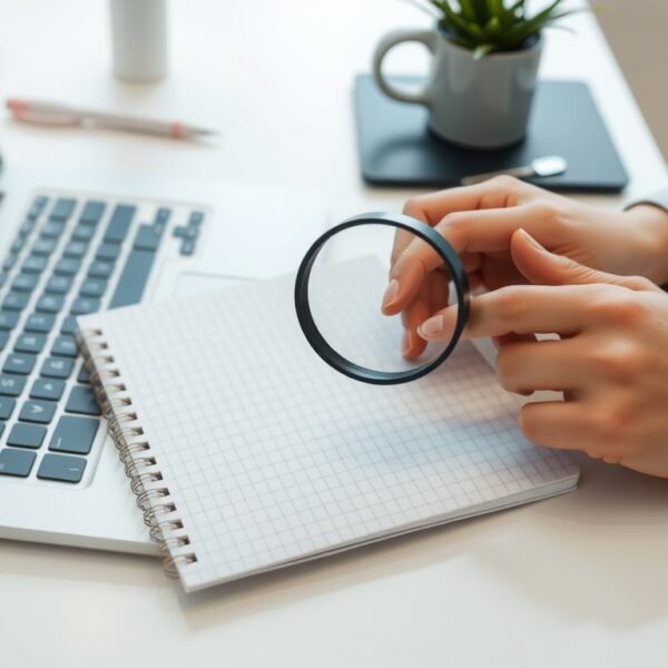 키워드 분석 - flat lay of laptop, notebook, and magnifying glass on white desk, keyword analysis and SEO strategy concept