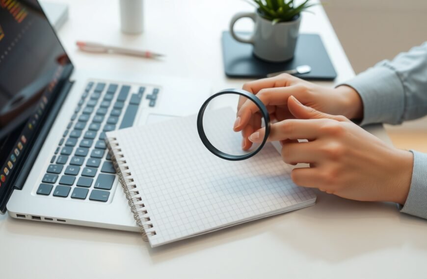 키워드 분석 - flat lay of laptop, notebook, and magnifying glass on white desk, keyword analysis and SEO strategy concept