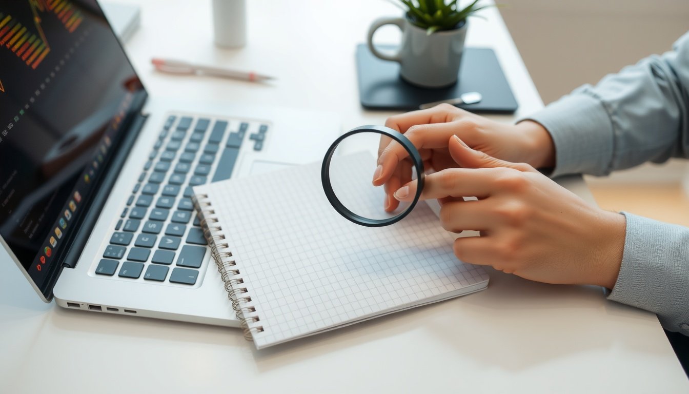 키워드 분석 - flat lay of laptop, notebook, and magnifying glass on white desk, keyword analysis and SEO strategy concept