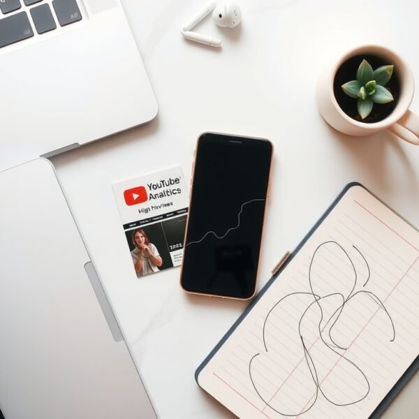 유튜브 조회수 - flat lay of smartphone showing YouTube analytics dashboard with high view count, notebook and pen beside it, overhead view