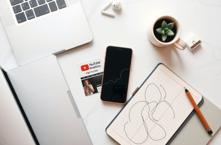 유튜브 조회수 - flat lay of smartphone showing YouTube analytics dashboard with high view count, notebook and pen beside it, overhead view