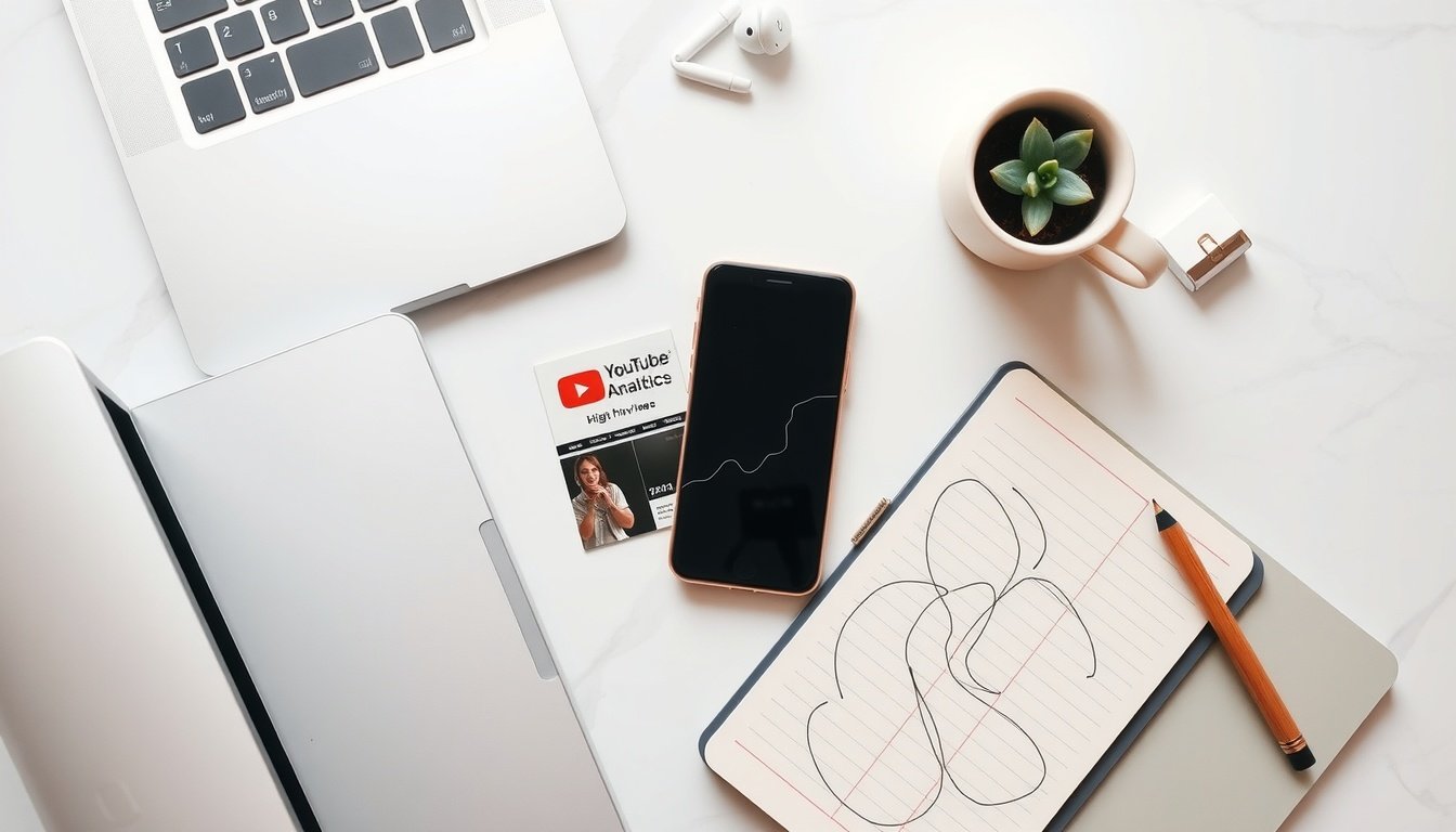 유튜브 조회수 - flat lay of smartphone showing YouTube analytics dashboard with high view count, notebook and pen beside it, overhead view
