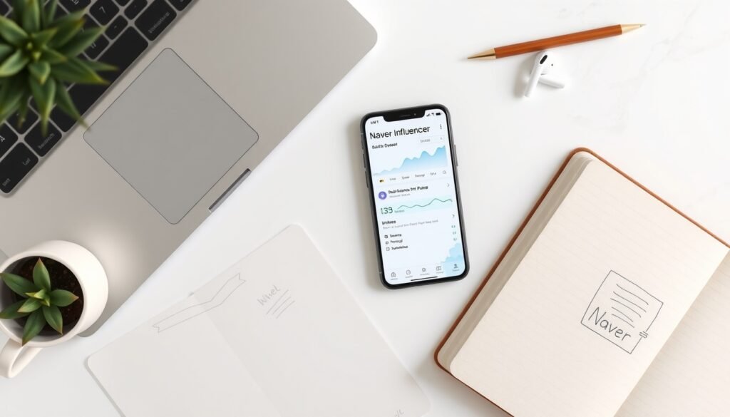 네이버 인플루언서 - flat lay of smartphone showing Naver influencer dashboard on white desk, naver influencer concept
