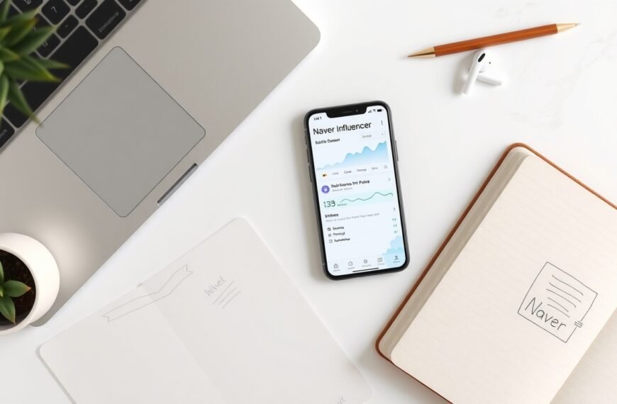 네이버 인플루언서 - flat lay of smartphone showing Naver influencer dashboard on white desk, naver influencer concept
