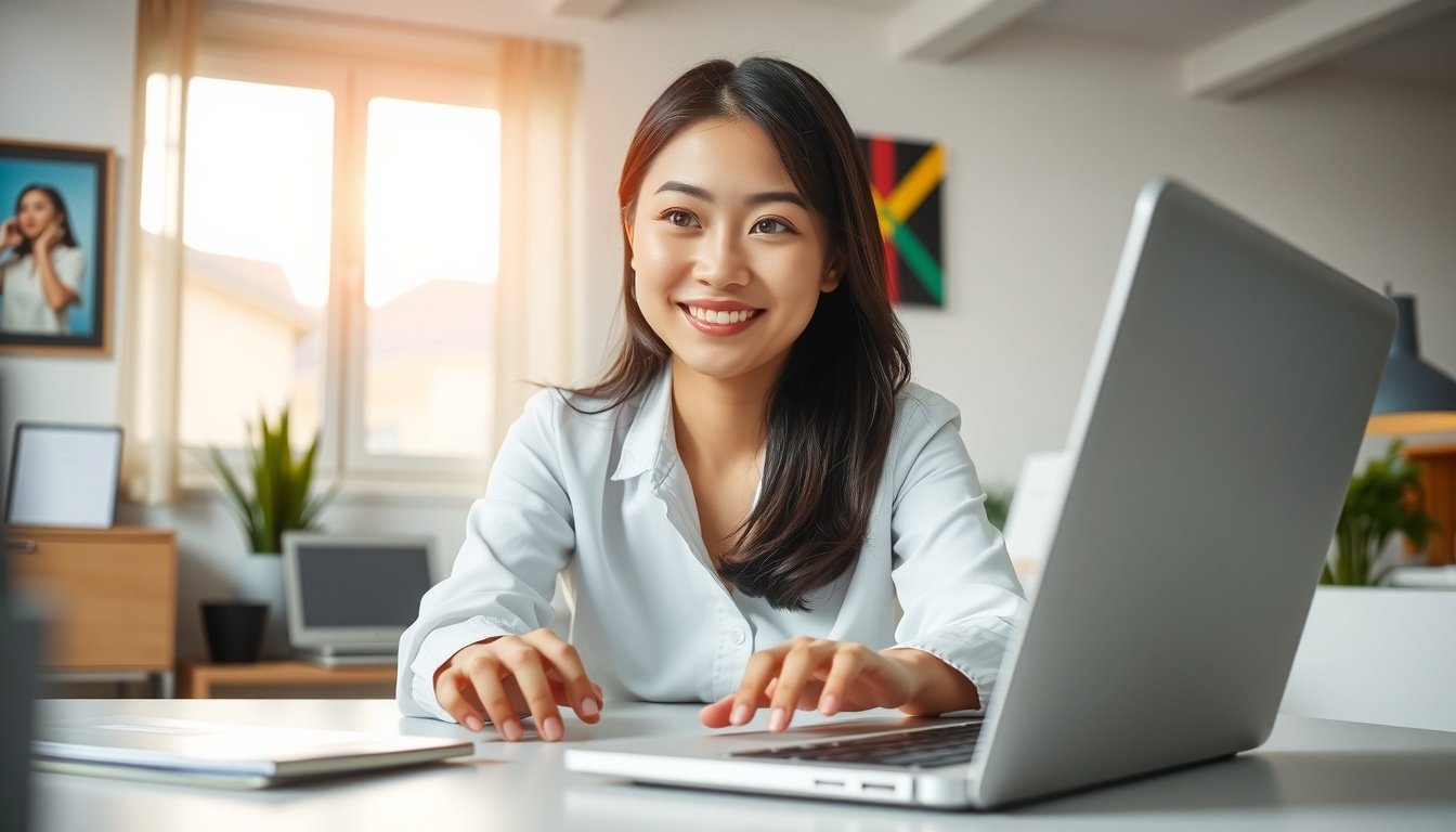 소라 AI - Korean woman upper body shot with face visible, smiling while watching AI-generated video on laptop screen, natural hands, bright modern home office