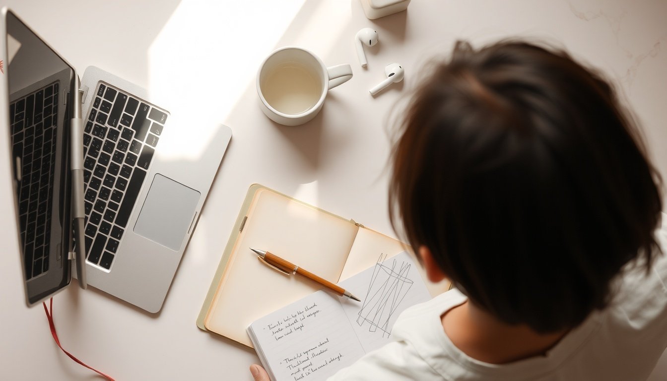 워드프레스 SEO - Korean blogger upper body shot with face visible, writing SEO optimized content on WordPress, natural hands, modern home office setting