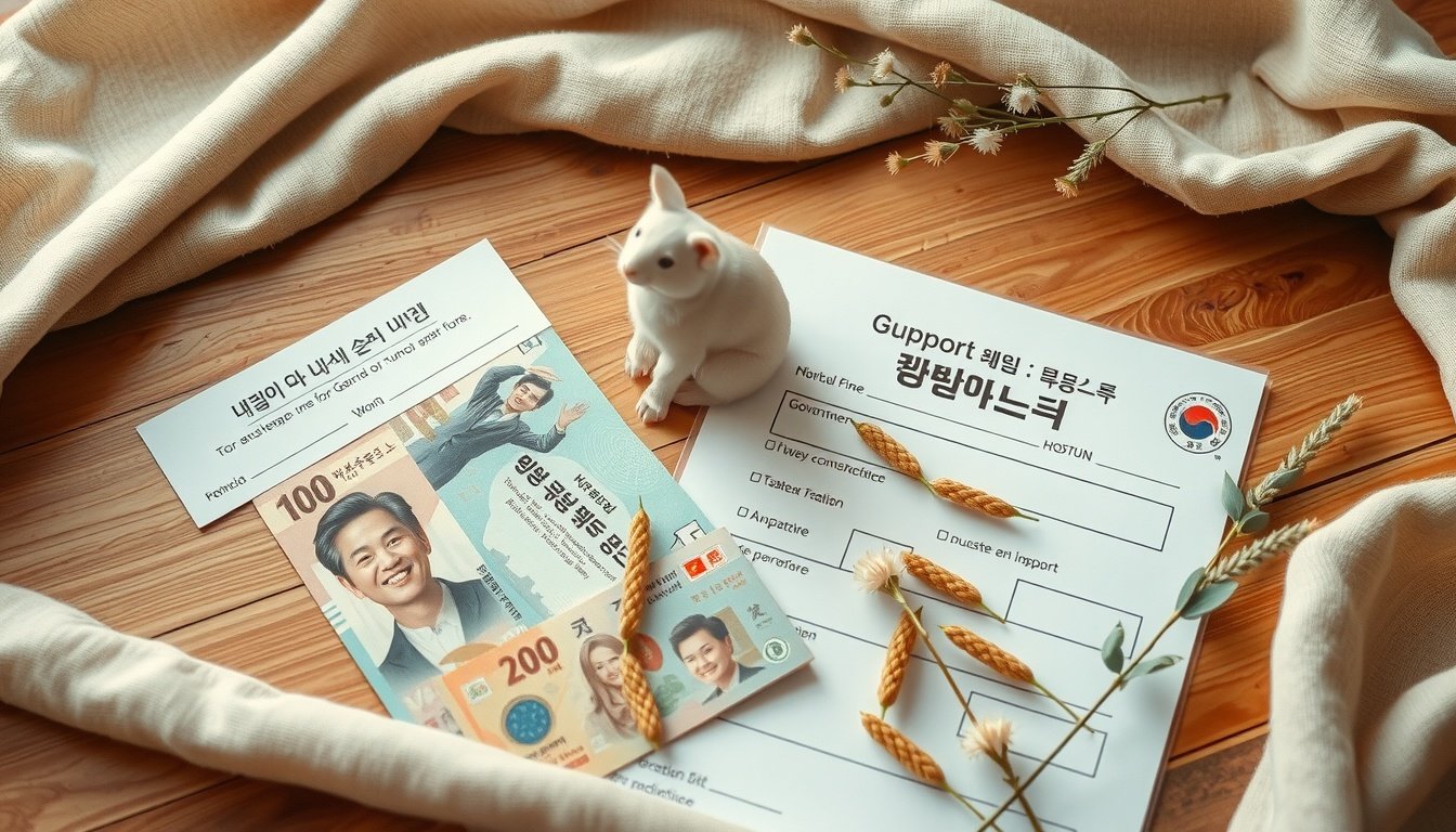 근로장려금 - flat lay of Korean won banknotes and government support application form on wooden desk, earned income tax credit benefit concept, overhead view