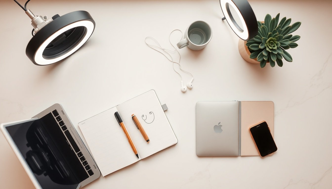 유튜브 알고리즘 - flat lay of YouTube creator workspace with camera, ring light, and laptop showing video editing software, YouTube algorithm growth concept, overhead view