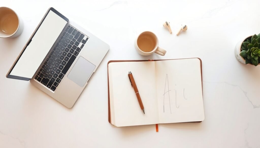 AI 글쓰기 - flat lay of laptop with AI writing interface on screen, notebook and pen on white desk, AI writing concept