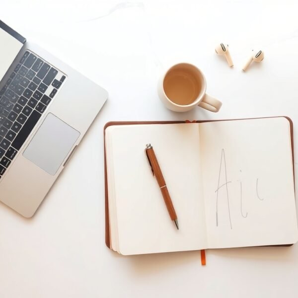 AI 글쓰기 - flat lay of laptop with AI writing interface on screen, notebook and pen on white desk, AI writing concept