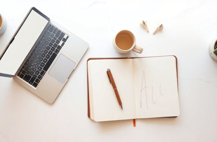 AI 글쓰기 - flat lay of laptop with AI writing interface on screen, notebook and pen on white desk, AI writing concept