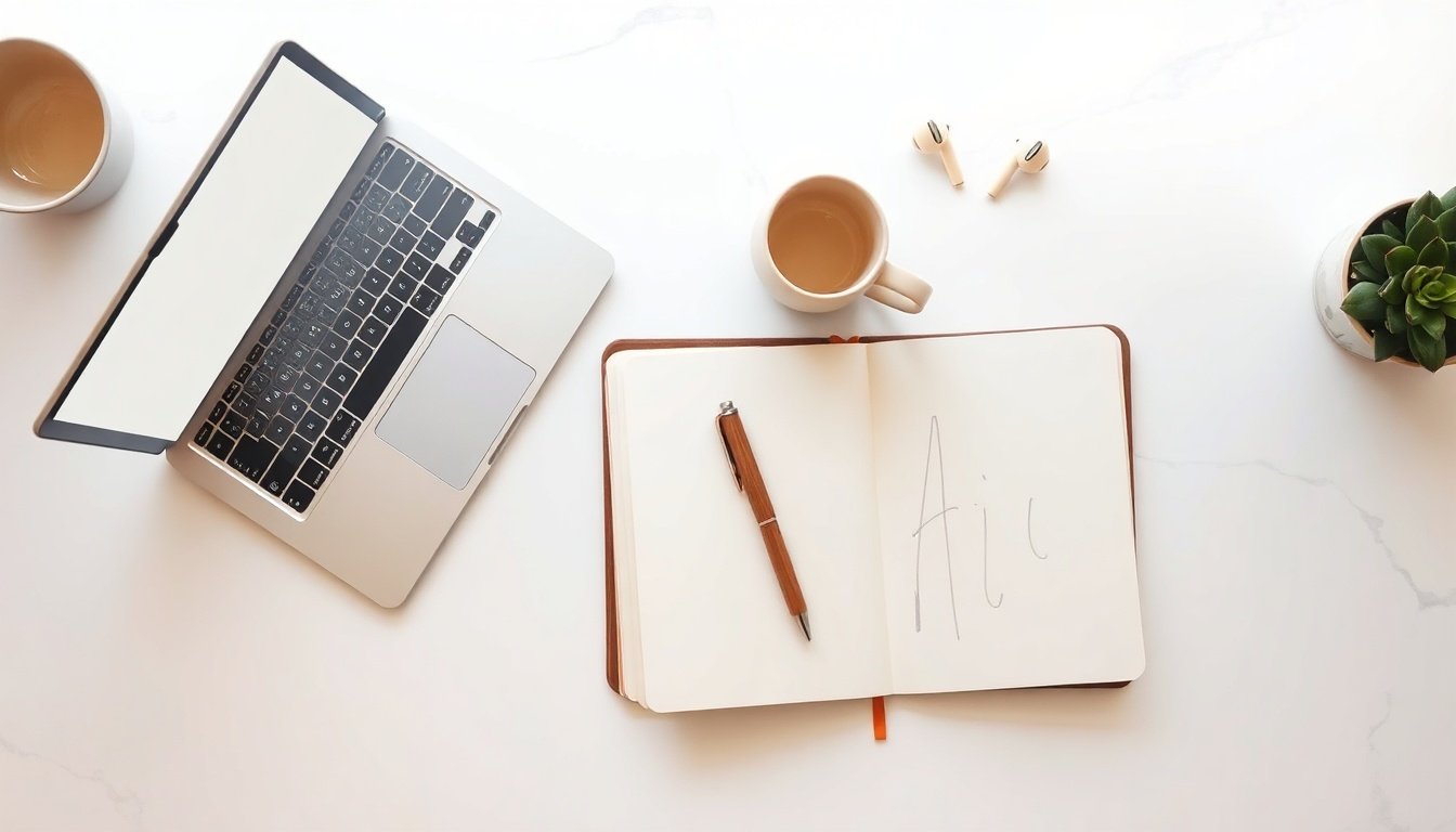 AI 글쓰기 - flat lay of laptop with AI writing interface on screen, notebook and pen on white desk, AI writing concept