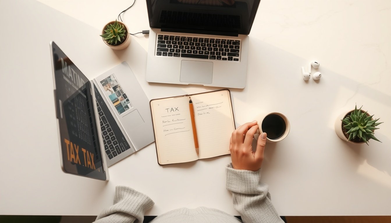 연말정산 - Korean man upper body shot with face visible, using laptop for online tax filing, natural hands, bright home office setting