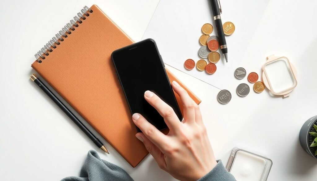 N잡러 - flat lay of smartphone, notebook, and coins on white desk, N-jobber side hustle income concept