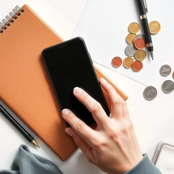 N잡러 - flat lay of smartphone, notebook, and coins on white desk, N-jobber side hustle income concept