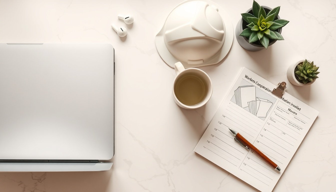 산재보험 - flat lay of industrial safety helmet and workers compensation insurance booklet on wooden desk, 산재보험 application guide