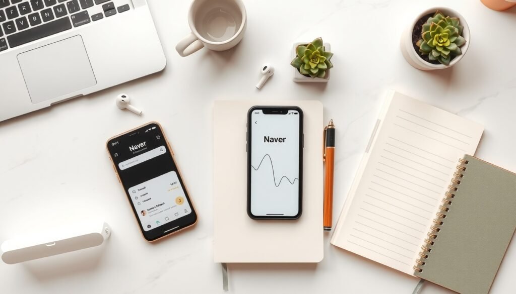네이버 검색 최적화 - flat lay of notebook, pen, and smartphone showing Naver search results on a white desk, naver search optimization concept