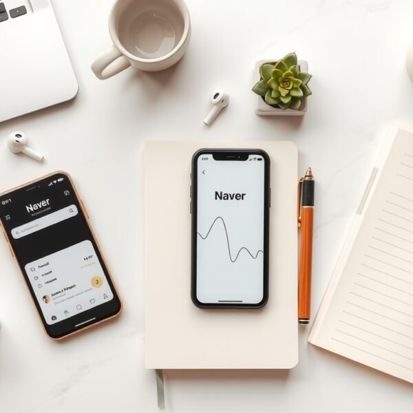 네이버 검색 최적화 - flat lay of notebook, pen, and smartphone showing Naver search results on a white desk, naver search optimization concept
