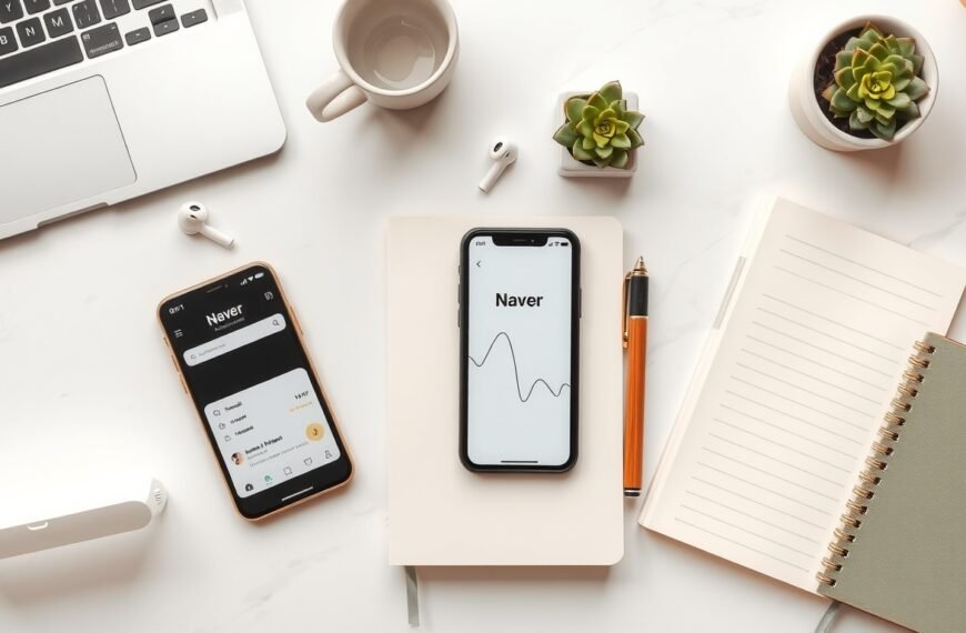 네이버 검색 최적화 - flat lay of notebook, pen, and smartphone showing Naver search results on a white desk, naver search optimization concept