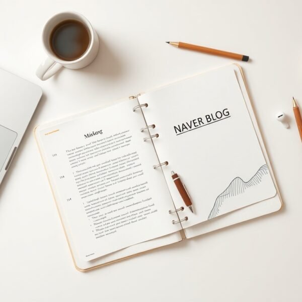 네이버 블로그 최적화 - flat lay of laptop and notebook with Naver blog SEO optimization concept on white desk, overhead view