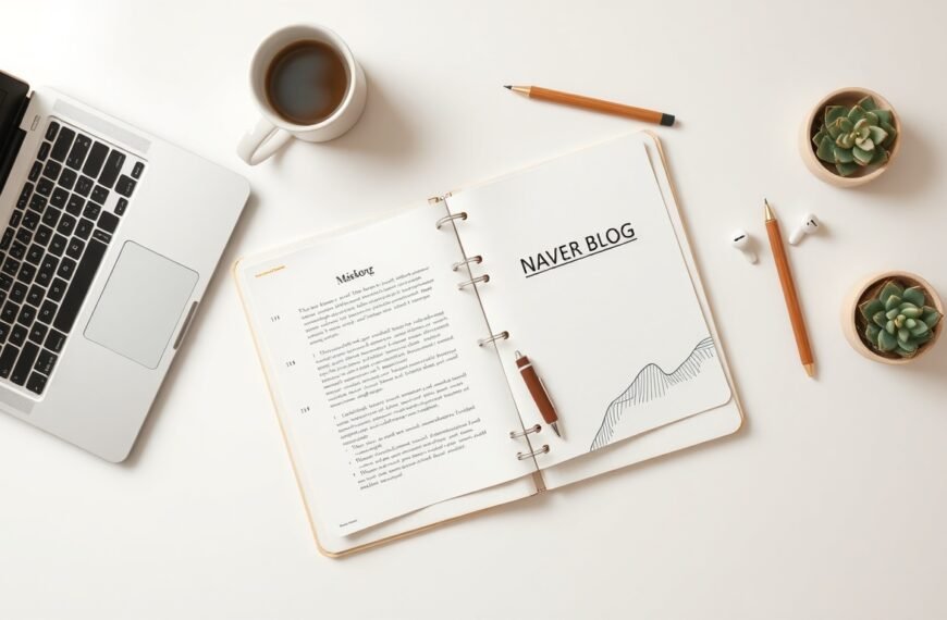 네이버 블로그 최적화 - flat lay of laptop and notebook with Naver blog SEO optimization concept on white desk, overhead view