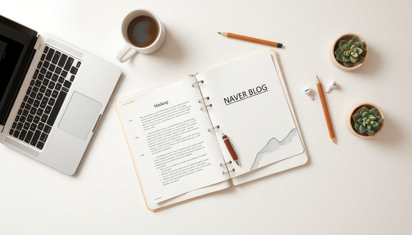 네이버 블로그 최적화 - flat lay of laptop and notebook with Naver blog SEO optimization concept on white desk, overhead view
