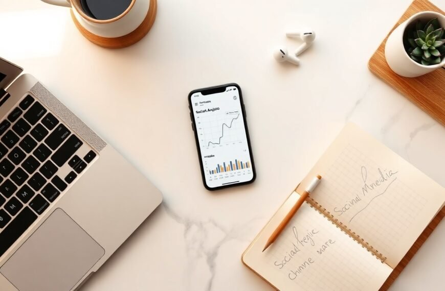 크리에이터 수익 - flat lay of smartphone showing social media analytics dashboard with chart and coins on white desk, creator revenue concept