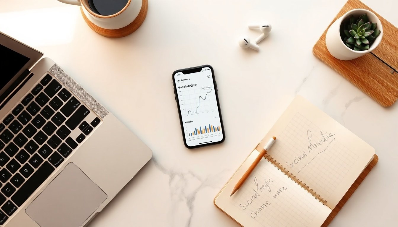 크리에이터 수익 - flat lay of smartphone showing social media analytics dashboard with chart and coins on white desk, creator revenue concept