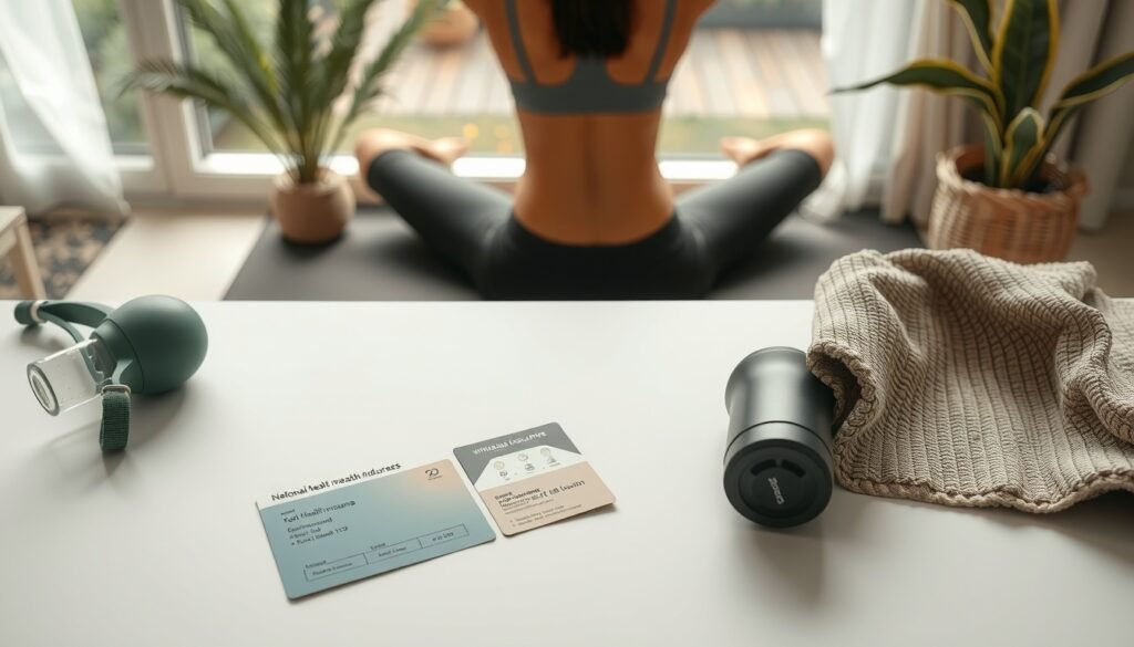 건강보험료 - flat lay of Korean national health insurance card and documents on white desk, health insurance premium support concept