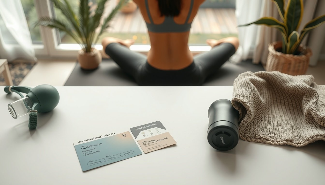 건강보험료 - flat lay of Korean national health insurance card and documents on white desk, health insurance premium support concept