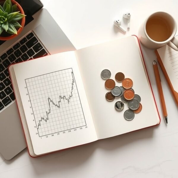 배당주 추천 - flat lay of stock market chart, dividend income concept with coins and notebook on white desk