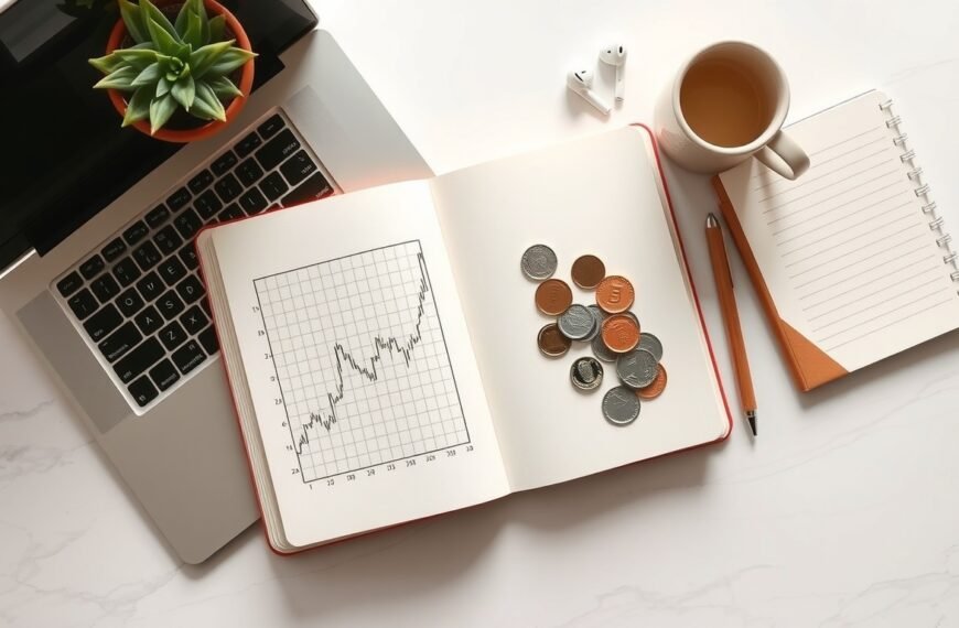 배당주 추천 - flat lay of stock market chart, dividend income concept with coins and notebook on white desk