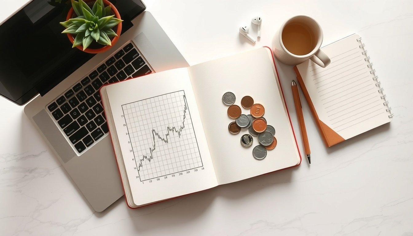 배당주 추천 - flat lay of stock market chart, dividend income concept with coins and notebook on white desk