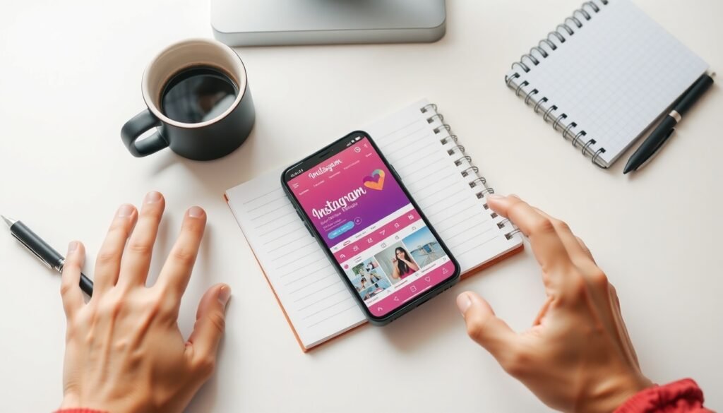인스타 광고 - flat lay of smartphone displaying Instagram ad dashboard with notebook and coffee cup on white desk, Instagram advertising strategy concept