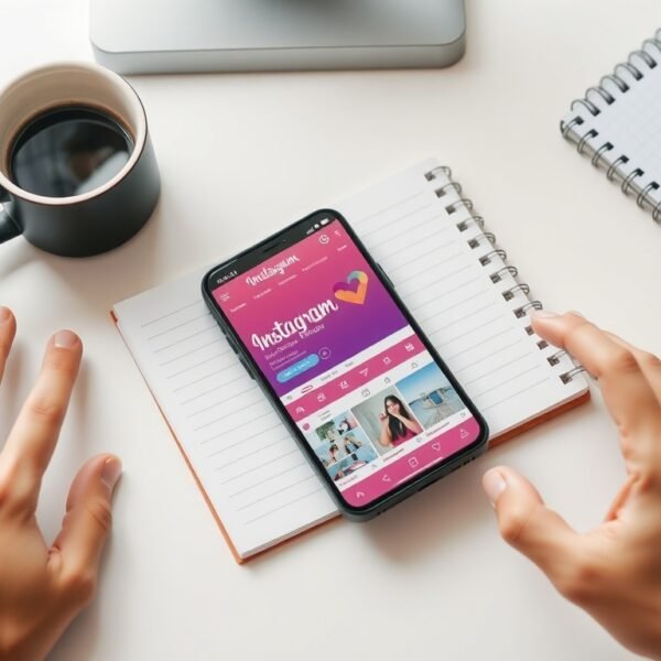 인스타 광고 - flat lay of smartphone displaying Instagram ad dashboard with notebook and coffee cup on white desk, Instagram advertising strategy concept